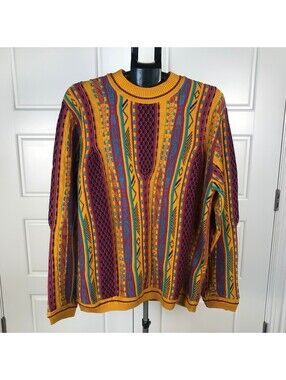 Maximalist 90s Coogi-Style Steven Land Knit Sweater Mustard Multicolor Sz L